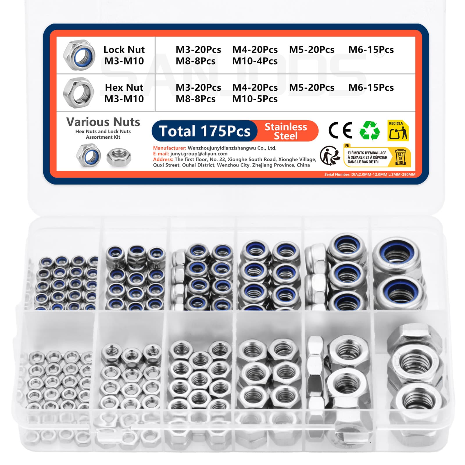 SANJODS สแตนเลสสตีลเมตริกฮาร์ดแวร์ Fastener Kit Locknuts และ Hex Nuts M3 ถึง M10 175 ชิ้น รูปที่ 3