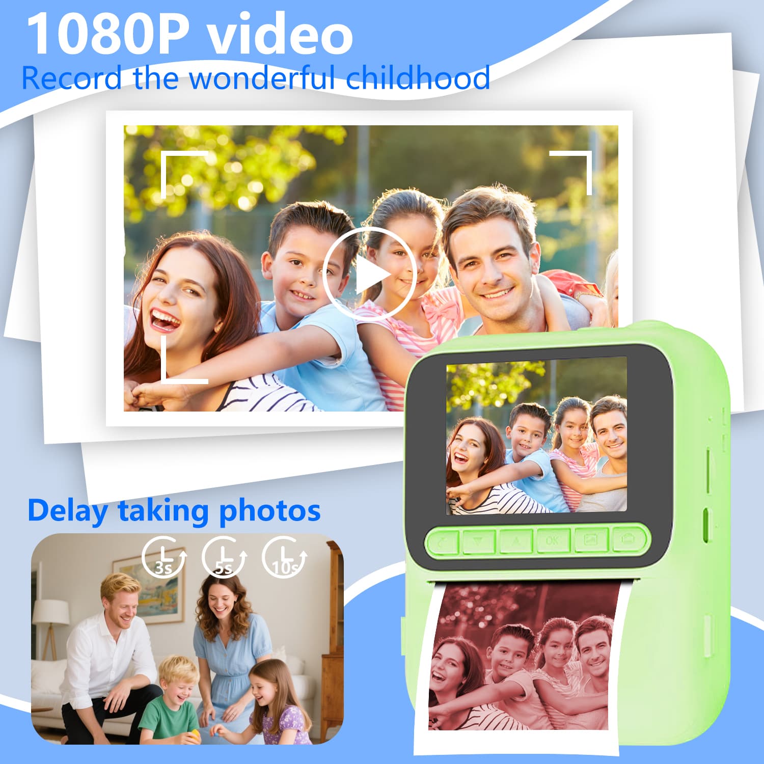 กล้องพิมพ์ทันที 1080P HD วิดีโอ 32G การ์ด Digital Camara ของขวัญวันเกิดคริสต์มาสสําหรับเด็ก รูปที่ 6