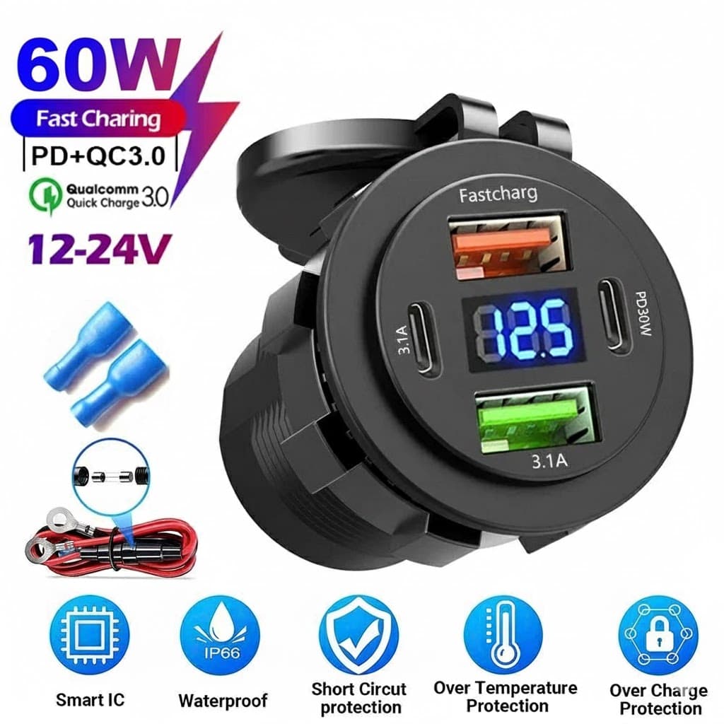ใหม่ 60W ที่ชาร์จ USB 4 พอร์ต พร้อม LED โวลต์มิเตอร์ รองรับ Dual PD & Dual QC3.0 ชาร์จเร็ว กันน้ํา สําหรับรถยนต์ เรือ มอเตอร์ไซค์ 12/24V รูปที่ 2
