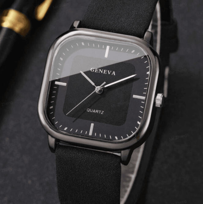 นาฬิกาข้อมือผู้ชาย Black Square Dial Quartz สําหรับผู้ชายพร้อม Leather Band Simple Business Style รูปที่ 2