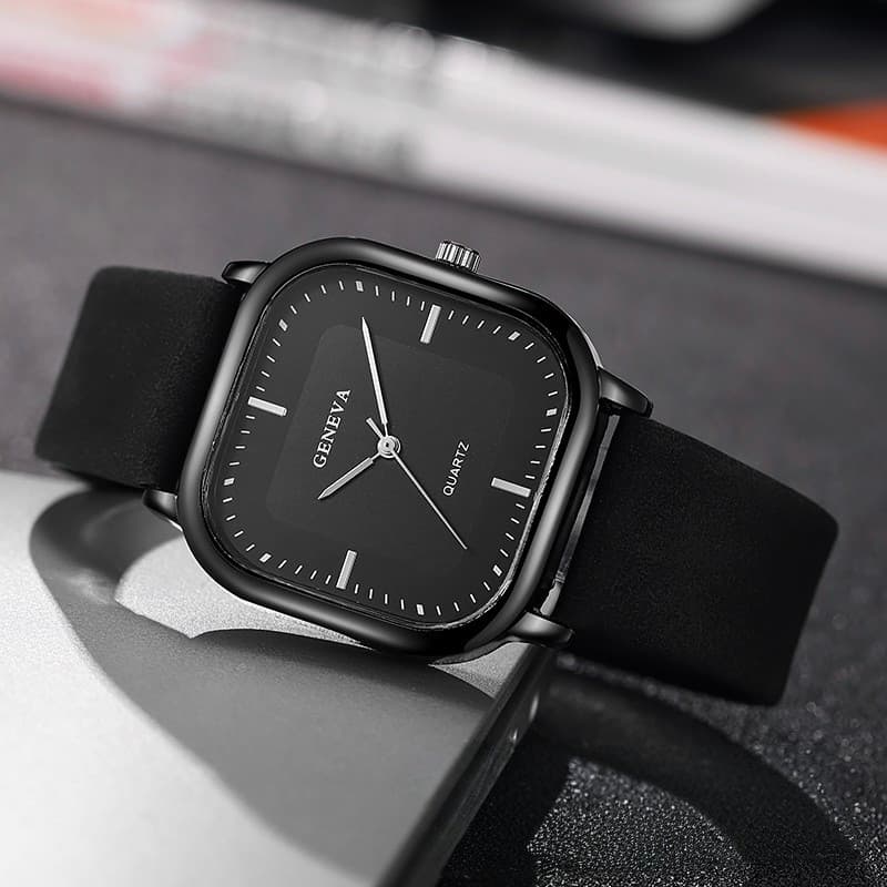 นาฬิกาข้อมือผู้ชาย Black Square Dial Quartz สําหรับผู้ชายพร้อม Leather Band Simple Business Style รูปที่ 6