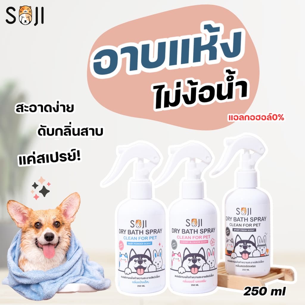 SOJI​ สเปรย์อาบน้ำแห้ง สุนัข แมว กระต่าย ดับกลิ่นสาบ แทนน้ำหอม ไม่มีแอลกอฮอล์ ขนาด​250​ml​ มี3​กลิ่น รูปที่ 1