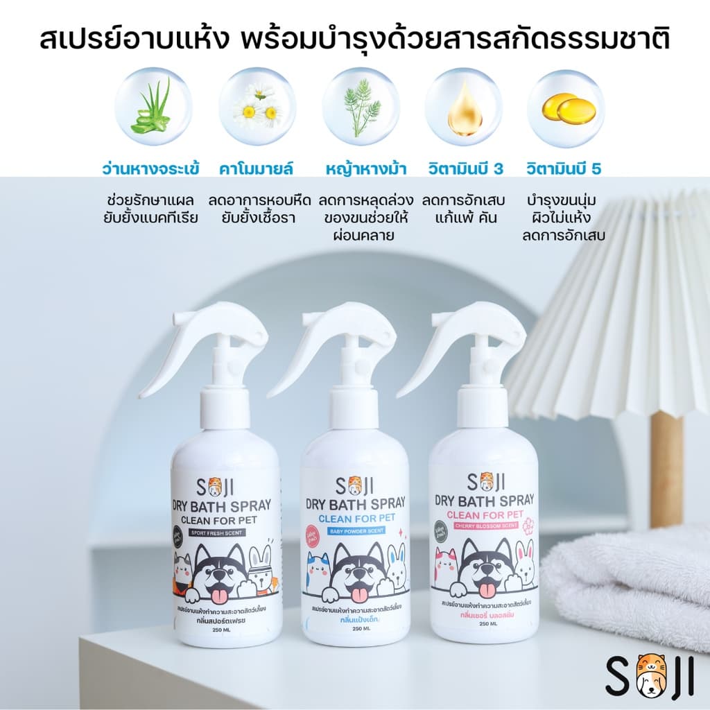 SOJI​ สเปรย์อาบน้ำแห้ง สุนัข แมว กระต่าย ดับกลิ่นสาบ แทนน้ำหอม ไม่มีแอลกอฮอล์ ขนาด​250​ml​ มี3​กลิ่น รูปที่ 3