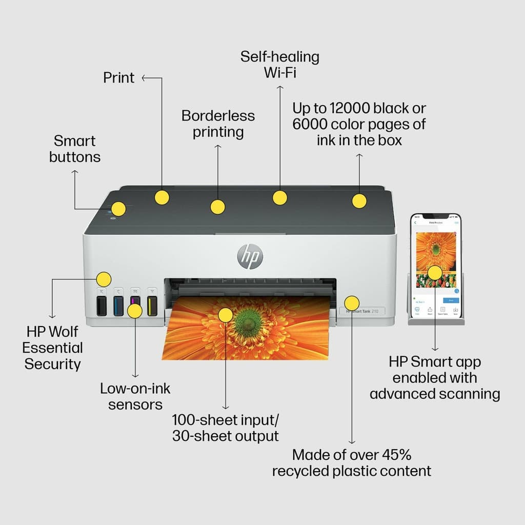 HP Printers Smart Tank 210 | A4 Color Printer | หมึก HP GT53/GT52 | USB, Wi-Fi, Bluetooth รูปที่ 6