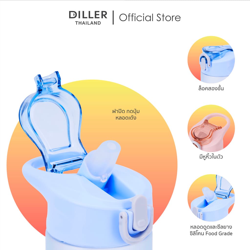 Diller Kid Tritan Flask 550ml D8849 กระติกน้ำเด็กฝากดหลอดแบนพร้อมล็อก พลาสติกไททั้นเบาและทน BPA Free รูปที่ 3