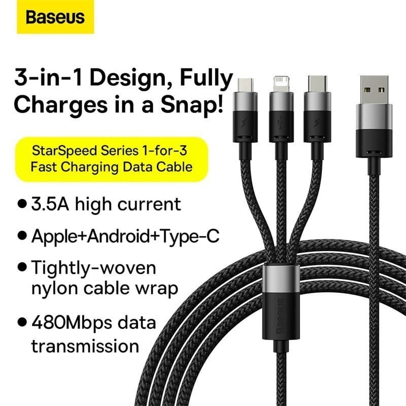 Baseus สายชาร์จเร็ว รุ่น StarSpeed 1-for-3 Fast Charging Data Cable USB to M+L+C 3.5A 1.2m Blue รูปที่ 1