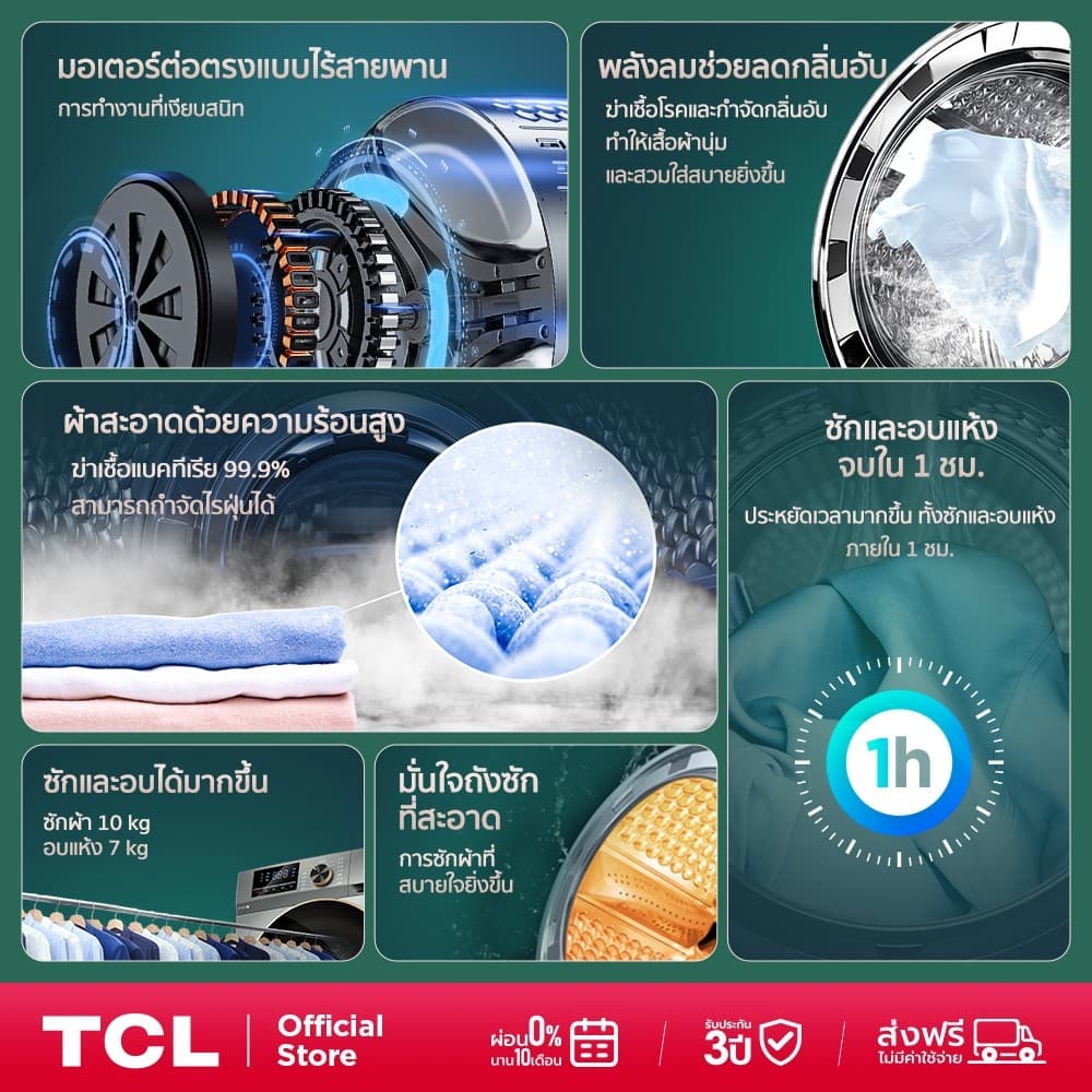 TCL WASH & DRY ซัก 10Kg. อบ 7Kg. รุ่น WT11EPWDG เครื่องซักอบฝาหน้า มอเตอร์ Inverter ประหยัดไฟ รับประกันมอเตอร์ 20 ปี รูปที่ 3