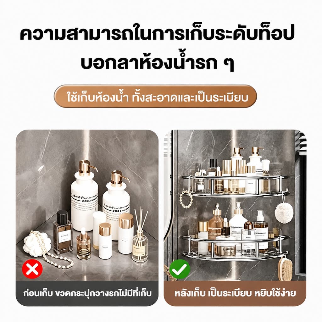ชั้นวางของเข้ามุมในห้องน้ำ สแตนเลส 304 ไม่ต้องเจาะผนัง กันน้ำ ไม่เป็นสนิม ชั้นวางติดผนัง ที่วางแชมพู แข็งแรงทนทาน รูปที่ 9
