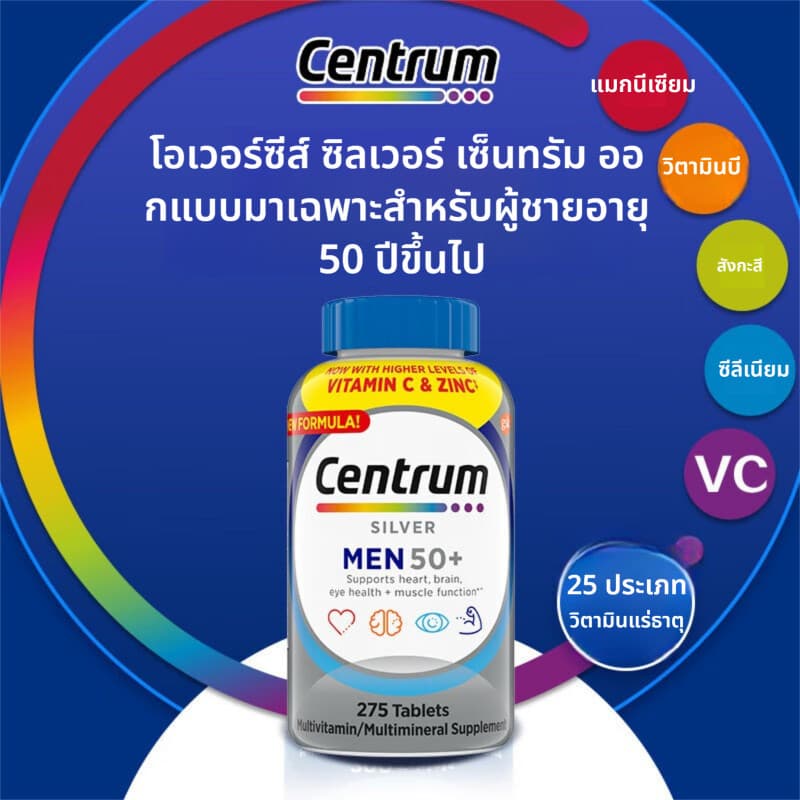 แท้ Centrum Silver Men's Multivitamin อายุ50+ /แร่ธาตุรวมพร้อมวิตามิน D3 วิตามินบี และสังกะสี - 275 เม็ด Exp:10/2028 รูปที่ 2