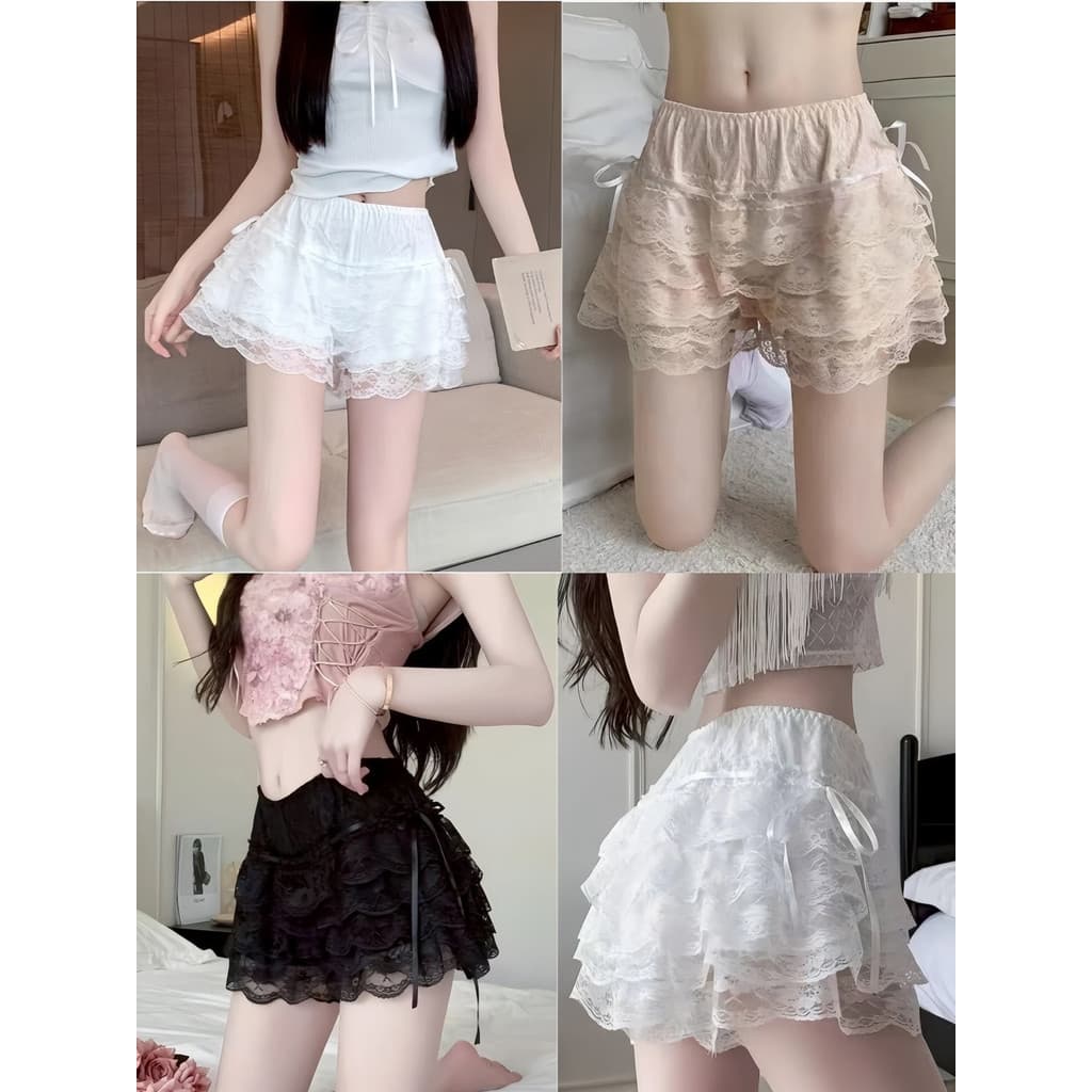 OFF SHOP ใหม่ 2025 กางเกงขาสั้น เงสม๊อคยืด สีพื้น ดีเทลลูกไม้ แต่งชั้นๆ ' KK1158 รูปที่ 1