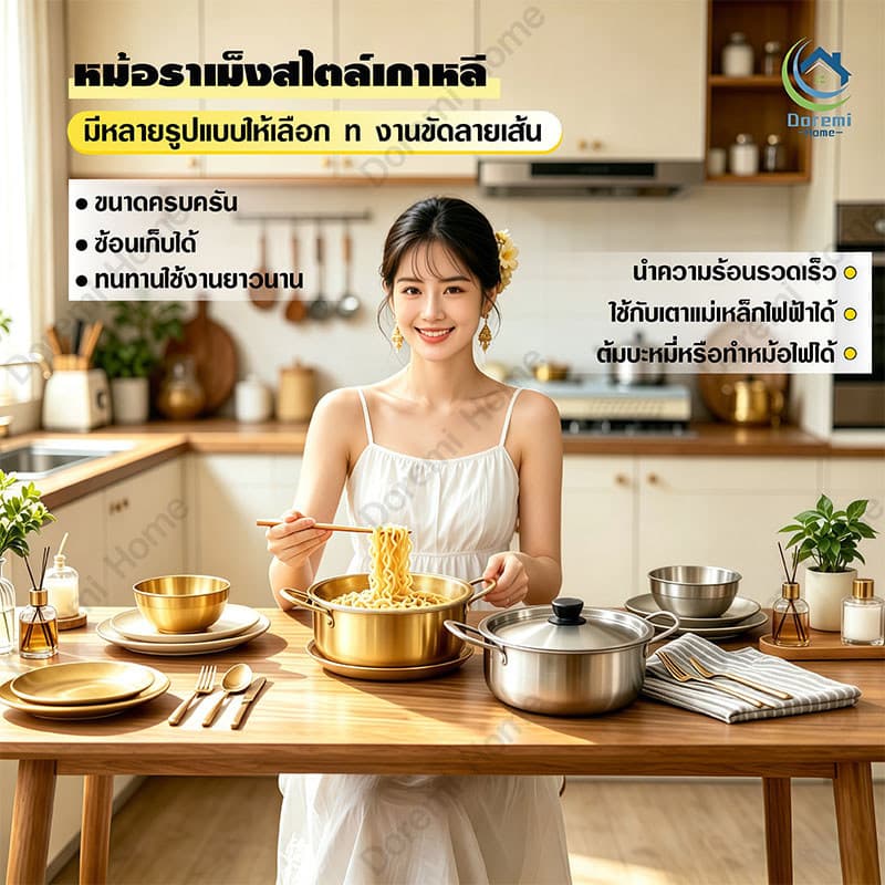 หม้อมาม่า หม้อมาม่าเกาหลี หม้อเกาหลีสีทอง หม้อเกาหลี หม้อรามยอน หม้อสองหู พร้อมฝา หม้อสแตนเลส304 รูปที่ 1