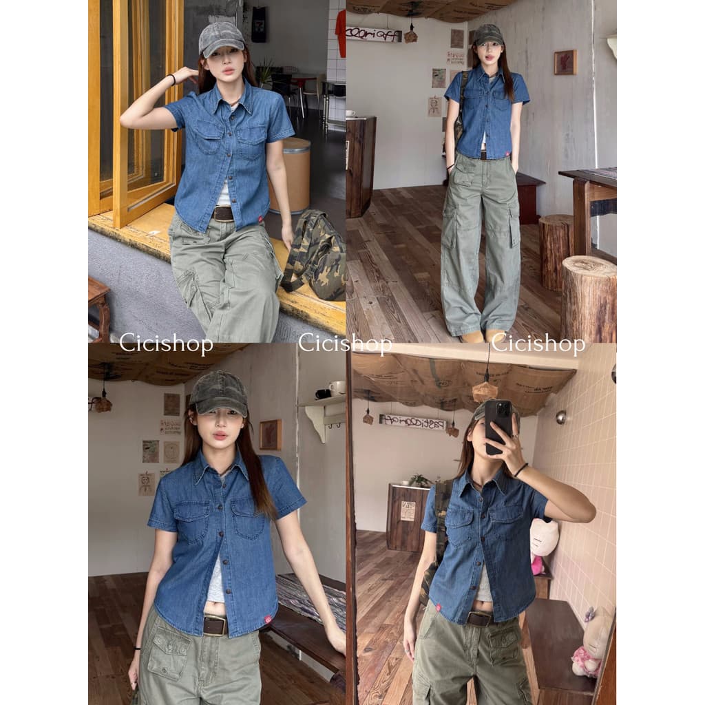 Cicishop เสื้อเชิ้ตคอปกแขนสั้นผ้าแชมเปรย์กระดุมใช้งานได้กระเป๋าใช้งานได้จริง ทรงสวยพอดีตัวผ้าเบาใส่สบาย สไตล์ลำลอง รูปที่ 1