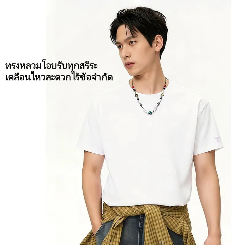 HAICOO เสื้อยืดแขนสั้นคอกลม ผ้าคอตตอน 100% ทรงโอเวอร์ไซส์ นุ่มสบายผิว สไตล์เกาหลี ใส่ได้ทุกฤดู 220G ผ้าหนา รูปที่ 7