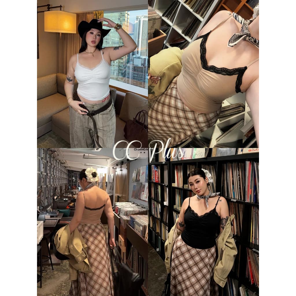CiCi Plus+ เสื้อสายเดี่ยวแต่งลูกไม้ สายปรับได้ ดีเทลจั๊มหน้าอก สไตล์สาวพลัสไซส์ รูปที่ 1