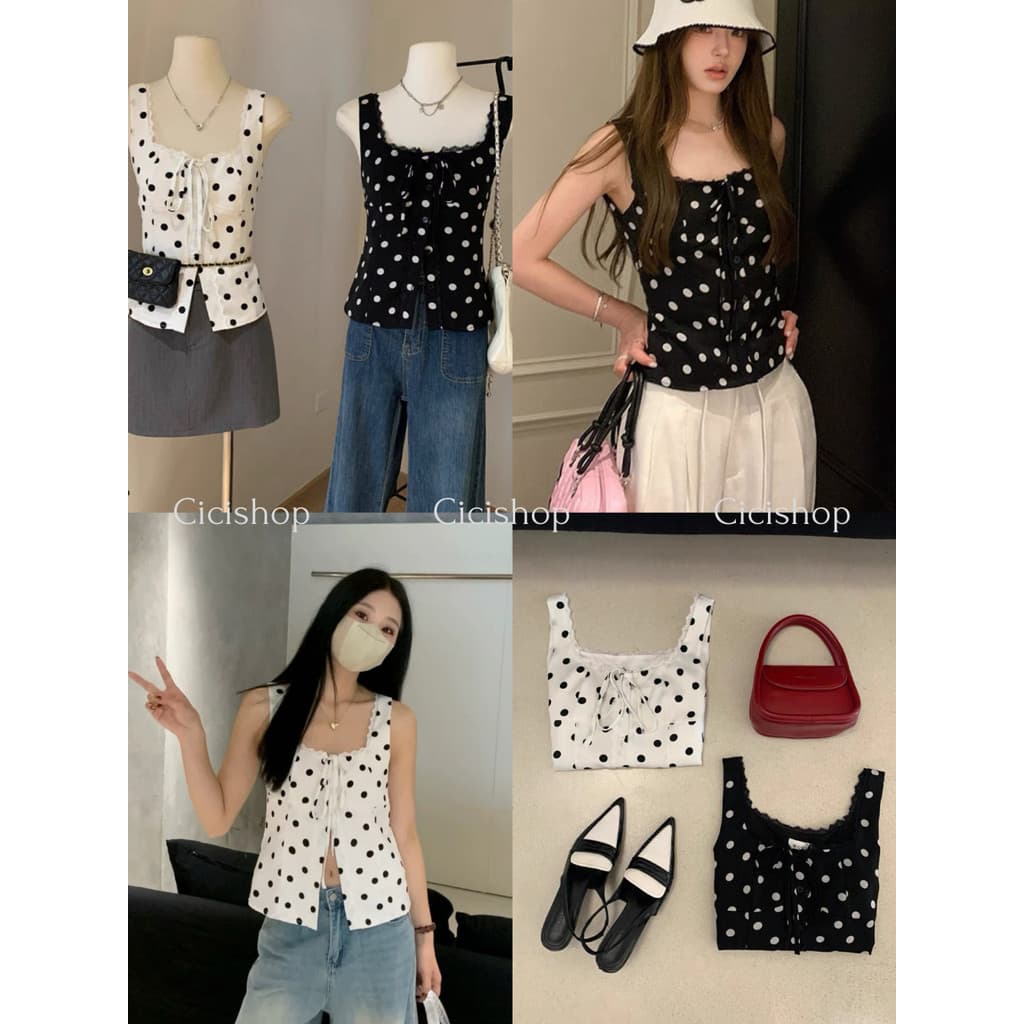 Cicishop(3386) เสื้อแขนกุด ลายPolka Dots แต่งลายลูกไม้ มีซับใน โบว์ผูกหน้า สไตล์สาวญี่ปุ่น