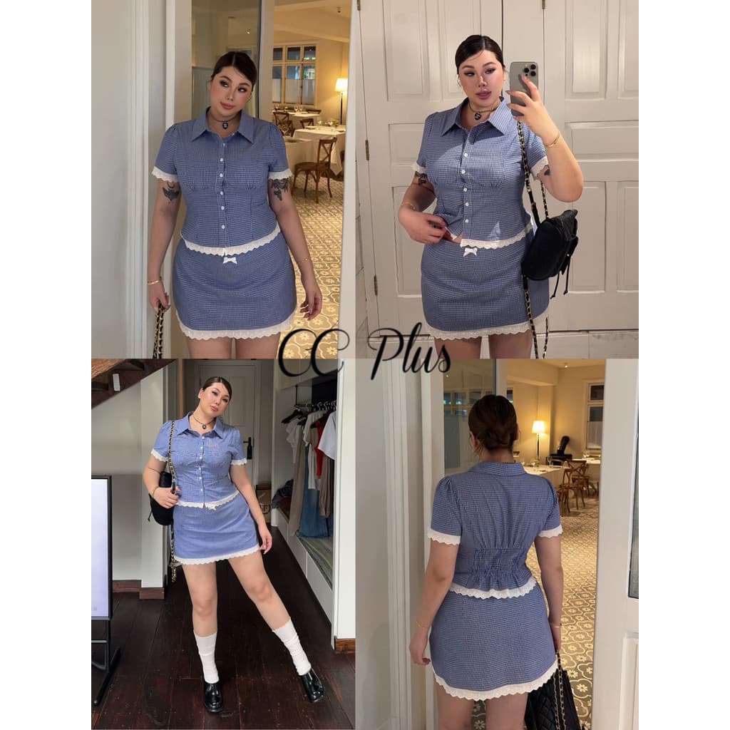 CiCi Plus+ Set2ชิ้นสีน้ำเงินลายสก็อตเสื้อแขนสั้นสม็อคหลังที่เอว+กระโปรงสั้นมีซับในเอวยางยืดปักโบวเล็กน่ารักพลัสไซส์ รูปที่ 1