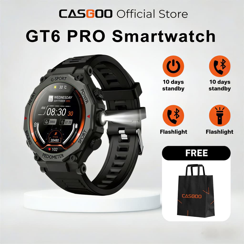 CASGOO GT6 PRO สมาร์ทวอทช์ พร้อมไฟฉาย หน้าจอขนาดใหญ่ 1.52 นิ้ว รองรับภาษาไทย และฟังก์ชั่นโทรผ่านบลูทูธ รูปที่ 1