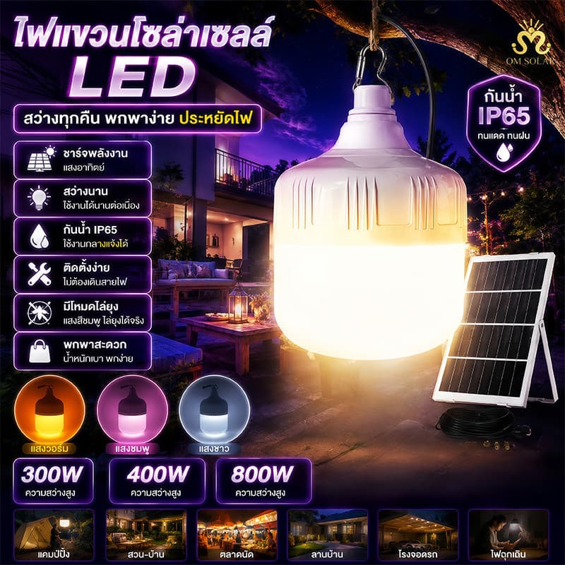 ไฟตุ้มโซลาร์เซลล์ QM 400W 600W 800W พร้อมแผงโซลาร์ หลอดไฟพกพา แสงขาวใช้งานกลางแจ้ง กันน้ำ IP65 รูปที่ 1