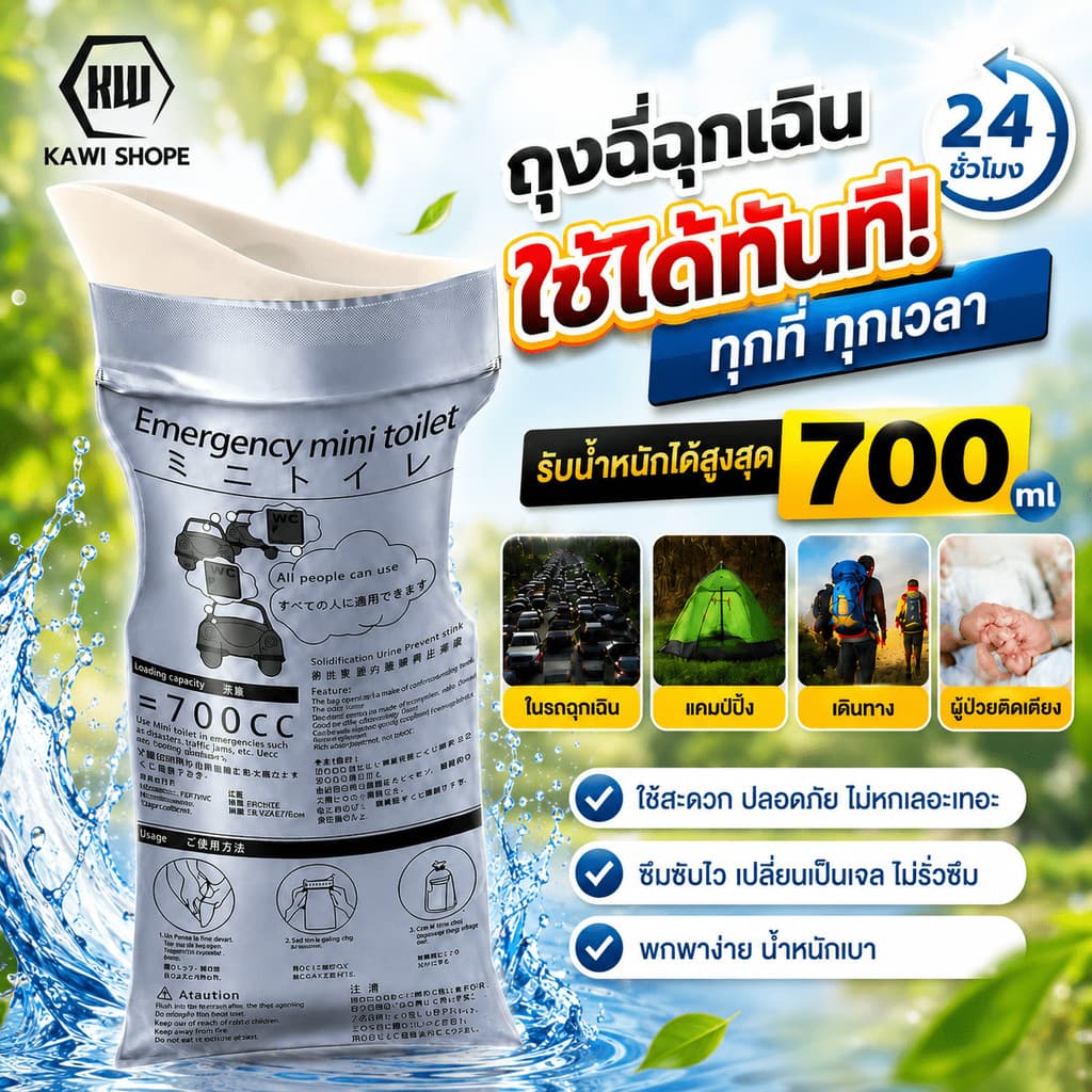KAWI ถุงปัสสาวะ 700cc แบบพกพา ใช้บนรถ ใช้ได้ทั้งผู้หญิงและผู้ชาย เหมาะสำหรับกลางแจ้งและการจราจรติดขัด รูปที่ 1