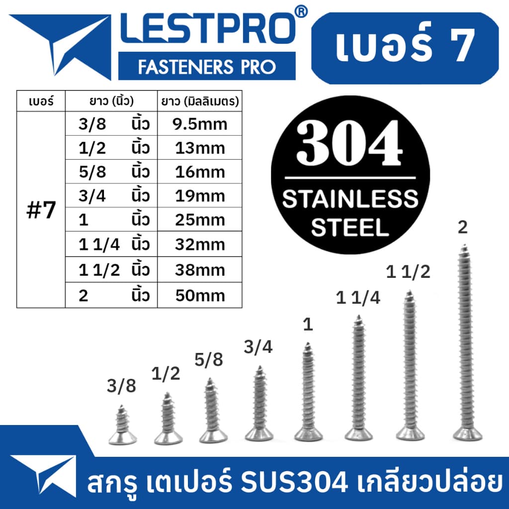 เบอร์7 M3.9 สกรู สแตนเลส 304 หัวเตเปอร์ แฉก เกลียวปล่อย ปลายแหลม #7 น็อต Flat Head Phillip Tapping Screw DIN7982 GB846 รูปที่ 2