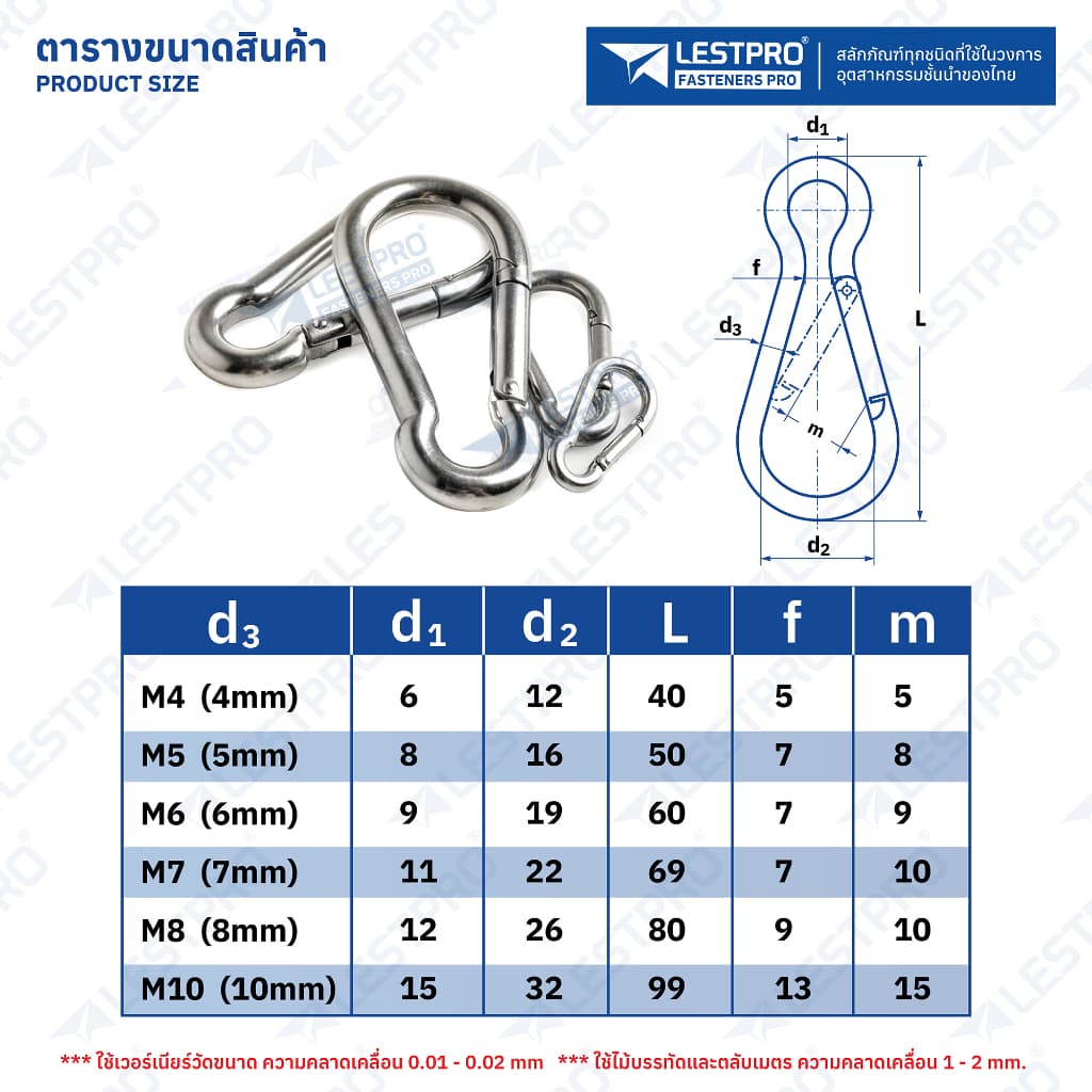 คาราบิเนอร์ ห่วงเกี่ยวนิรภัย สแตนเลส 304 M4 M5 M6 M7 M8 M10 LESTPRO5299 Carabiner Snap Hook with Hooks Assorted รูปที่ 2