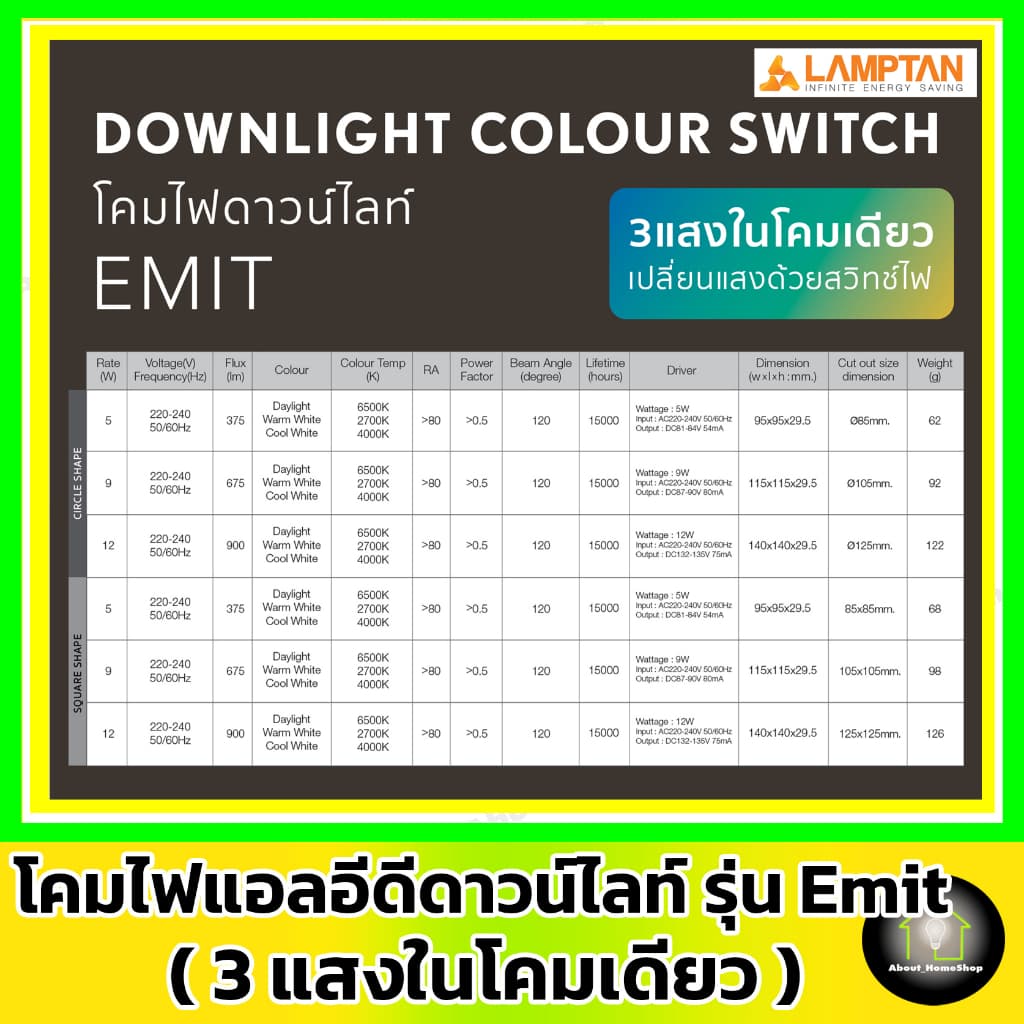 LAMPTAN ดาวท์ไลท์แอลอีดี รุ่น Emit Colour Switch กลม/สีเหลี่ยม 5w 9w12w รูปที่ 4