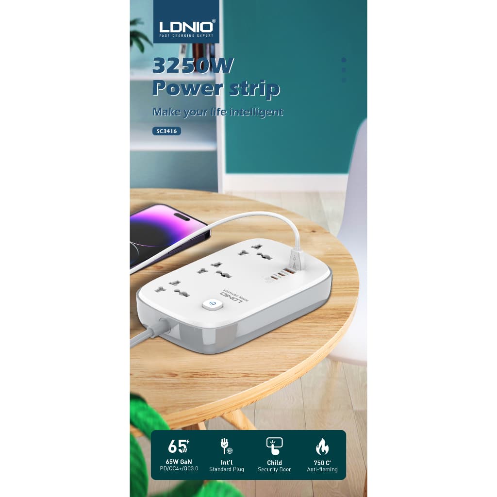 LDNIO SC3416 ปลั๊กพ่วง3Socketรองรับ65W PD3.0+60W QC3.0 Fast chargeชาร์จเร็ว กำลังไฟ 3250W-สายยาว 2เมตร รูปที่ 2