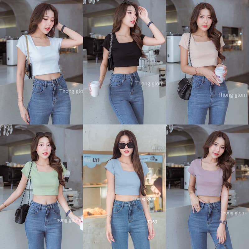 เสื้อครอปคอเหลี่ยมเนื้อผ้ายูนิโค่ Thong glom รูปที่ 1