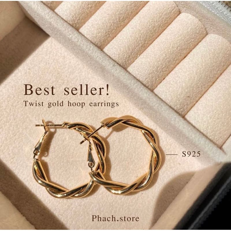 Twist gold hoop earrings ต่างหูห่วงเกลียว เป็นก้านเงินแท้ 925 รูปที่ 1