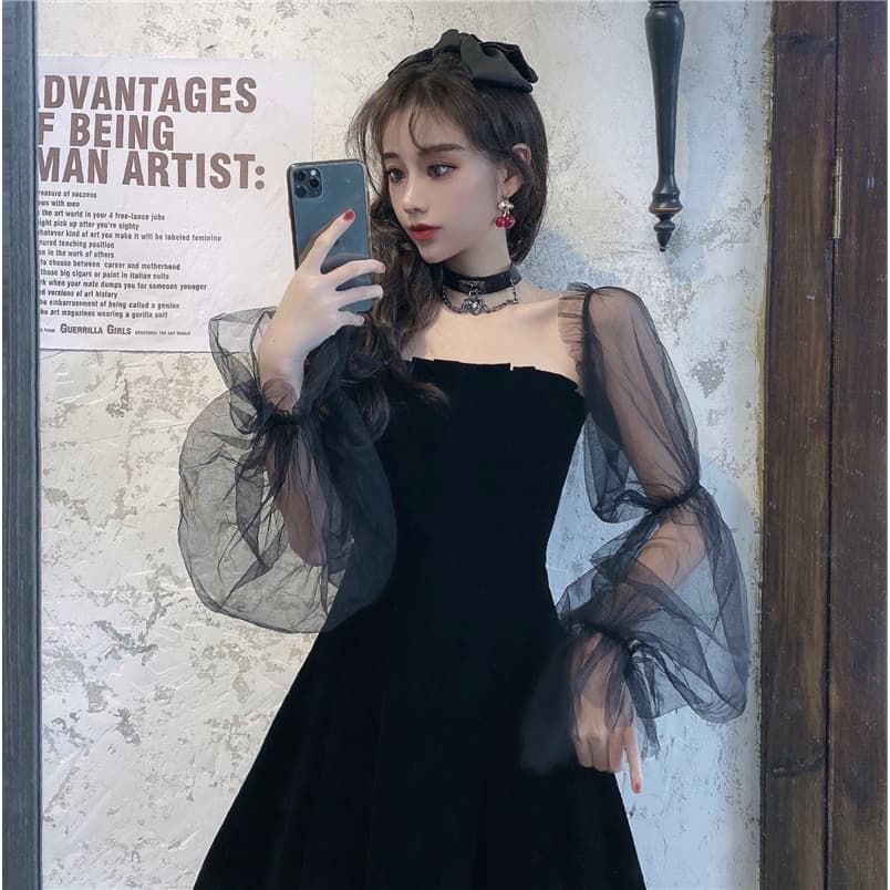 Eva Style COD เอวเซ็กซี่เอวบางชุดไหล่เดียว เชุดเดรสสีดำแขนยาว ชุดเดรสแขนพัฟสีดำ ปิดไหล่ รูปที่ 7