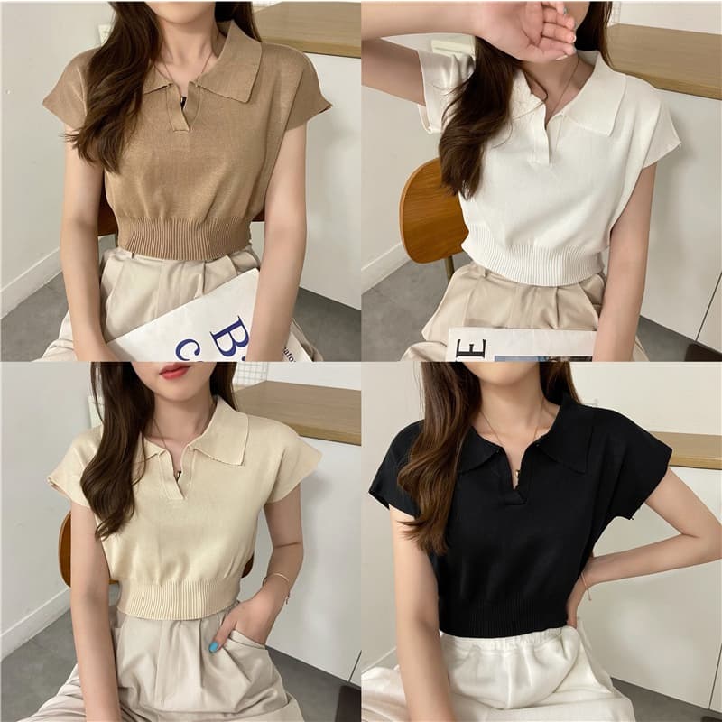 ** ในไทย** เสื้อครอปไหมพรม แขนกุดผ้านิ่ม คอปกหน้าวี Y20 รูปที่ 3