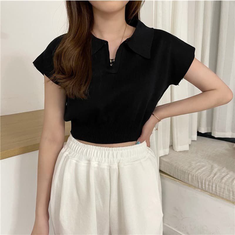 ** ในไทย** เสื้อครอปไหมพรม แขนกุดผ้านิ่ม คอปกหน้าวี Y20 รูปที่ 7