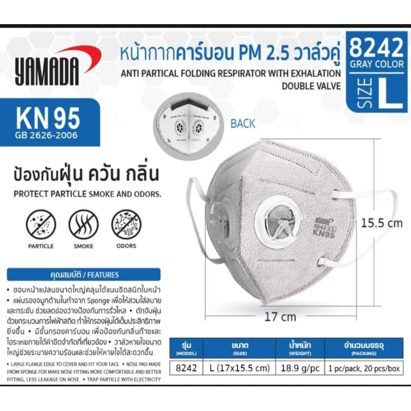 Yamada 8242 KN95 หน้ากากอนามัยคาร์บอน PM 2.5 วาลว์คู่ รูปที่ 2