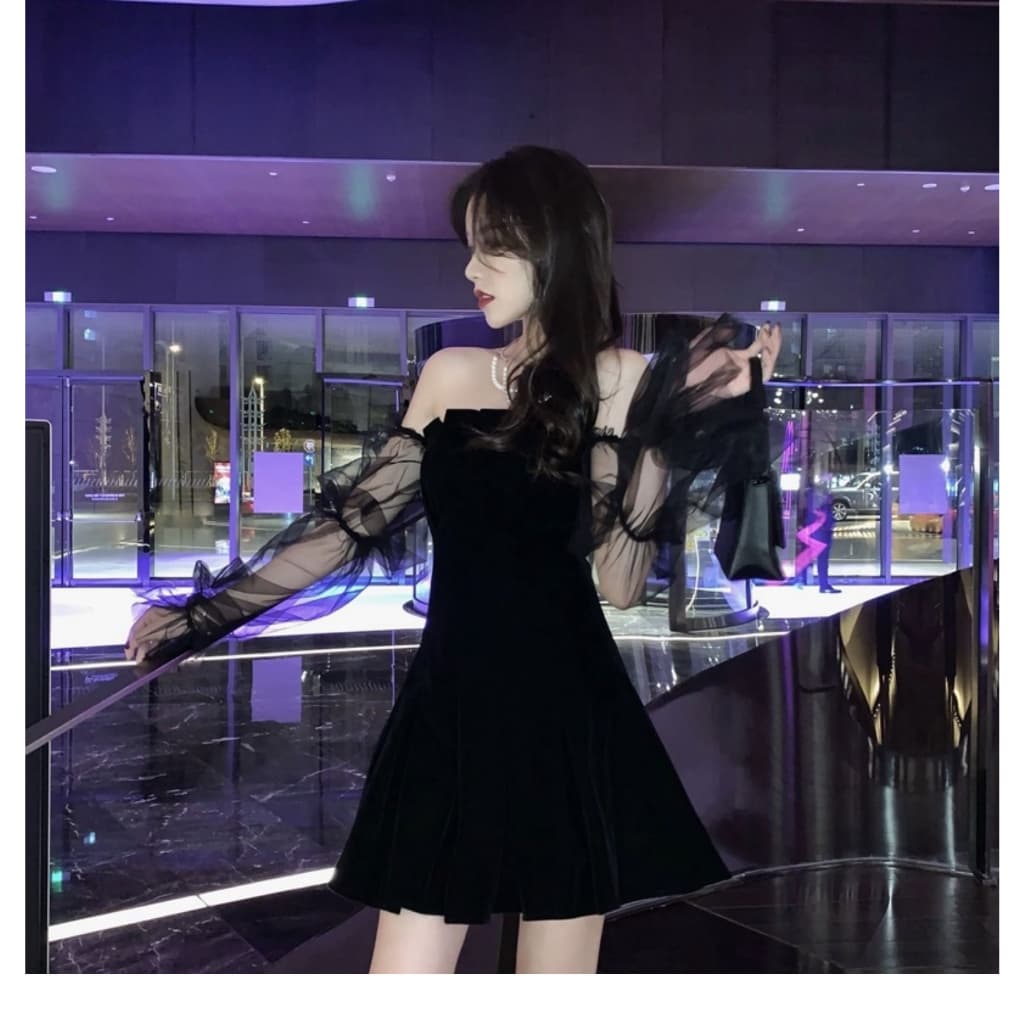 Eva Style COD เอวเซ็กซี่เอวบางชุดไหล่เดียว เชุดเดรสสีดำแขนยาว ชุดเดรสแขนพัฟสีดำ ปิดไหล่ รูปที่ 4
