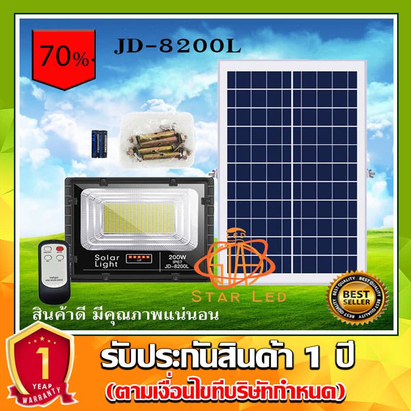 ไฟโซล่าเซลล์ JDJINDIAN!!JD-8200L-W แสงขาว 200W ไฟสปอตไลท์ รุ่นใหม่ JD88-L SERIES กันน้ำ IP67 รูปที่ 2