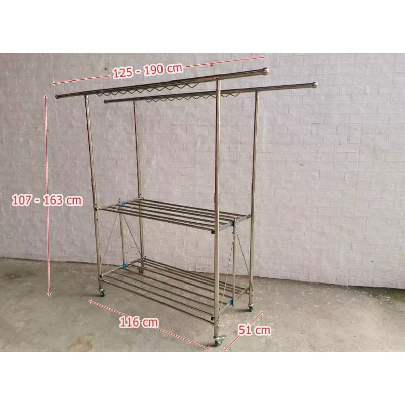 ราวตากผ้า ราวตากสแตนเลสพับได้ ราวคู่ 2 ชั้นวาง กว้าง 52 cm ปรับระดับสูงต่ำได้ 3 ระดับ ท่อบนดึงออกได้ มี2แบบ รูปที่ 1