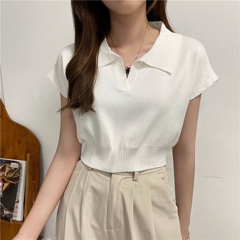 ** ในไทย** เสื้อครอปไหมพรม แขนกุดผ้านิ่ม คอปกหน้าวี Y20 รูปที่ 5