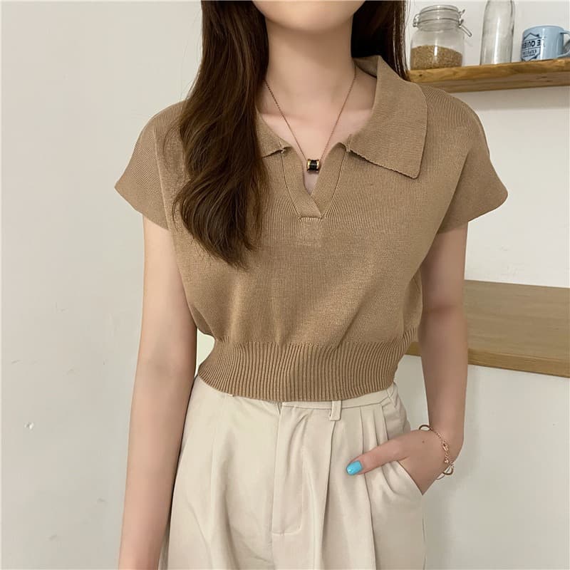 ** ในไทย** เสื้อครอปไหมพรม แขนกุดผ้านิ่ม คอปกหน้าวี Y20 รูปที่ 9