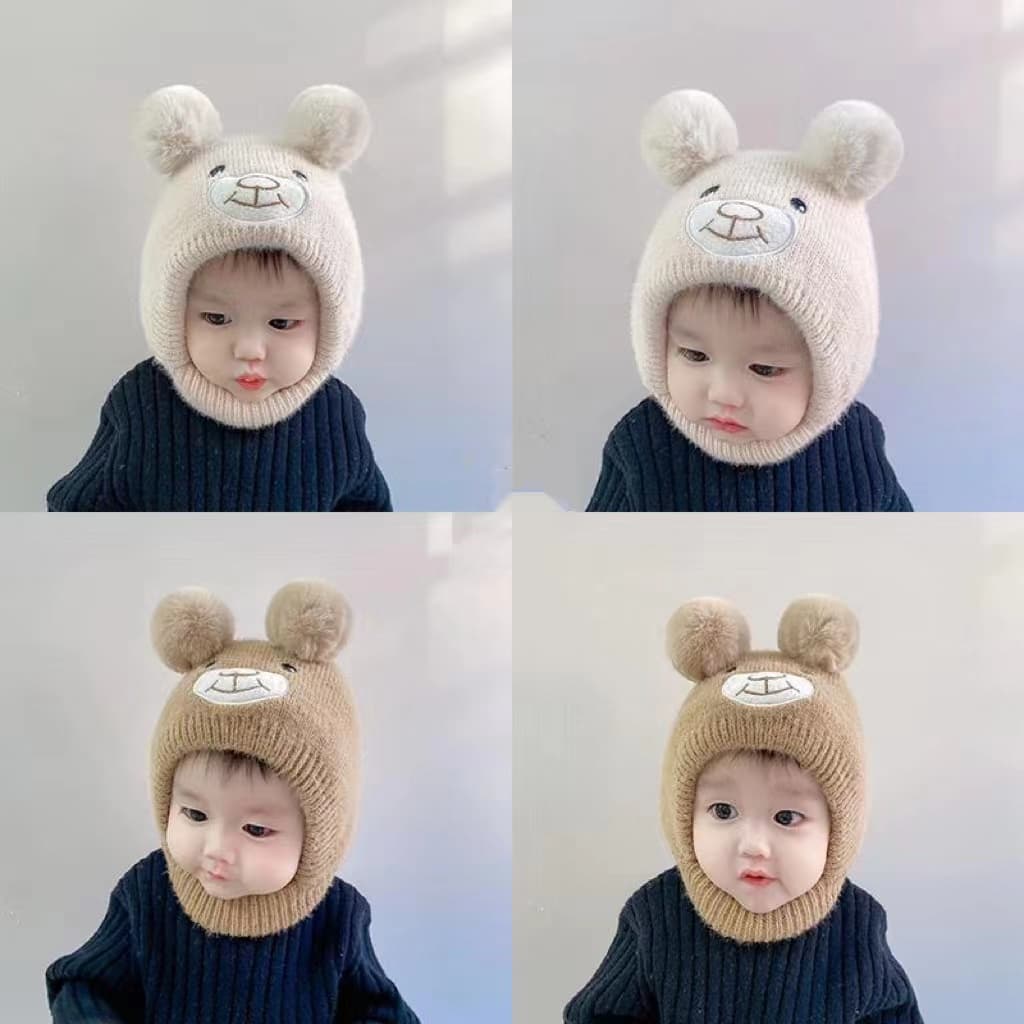 B6 หมวกเด็ก 2เดือน-2ปี รอบหัว:40-50 cm. หมวกไหมพรมแบบผูกคาง แต่งลายหมี หมวกแฟชั่นเด็ก รูปที่ 1