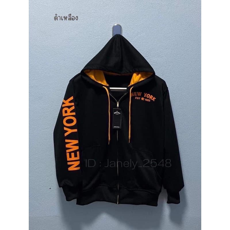 เสื้อคลุม new york รุ่นสกรีนแขนซิปเหล็กสีทอง หมวก2ชั้น รูปที่ 8