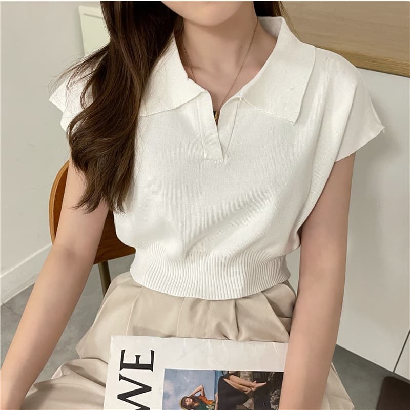 ** ในไทย** เสื้อครอปไหมพรม แขนกุดผ้านิ่ม คอปกหน้าวี Y20 รูปที่ 4