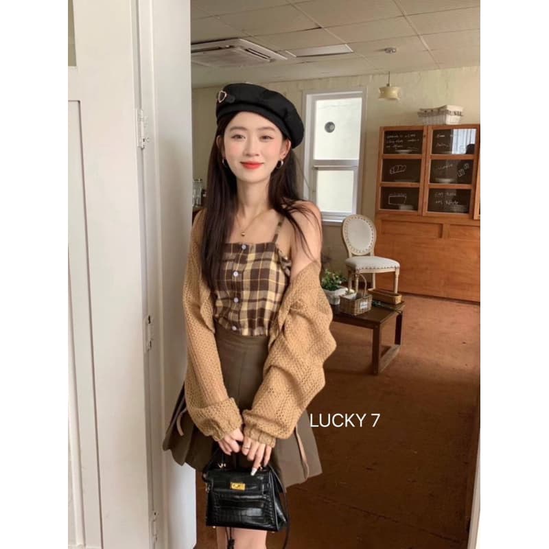 BY IRA Rita 2-pieces Top Set งานเสื้อคลุมเซ็ท​ 2 ชิ้น​ สายดี่ยวลายสก๊อต​ + เสื้อคลุมแขนยาวสีน้ำตา รูปที่ 3