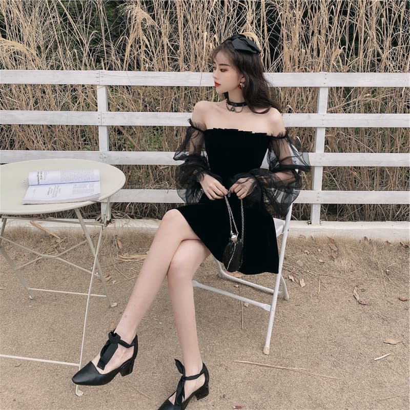 Eva Style COD เอวเซ็กซี่เอวบางชุดไหล่เดียว เชุดเดรสสีดำแขนยาว ชุดเดรสแขนพัฟสีดำ ปิดไหล่ รูปที่ 6