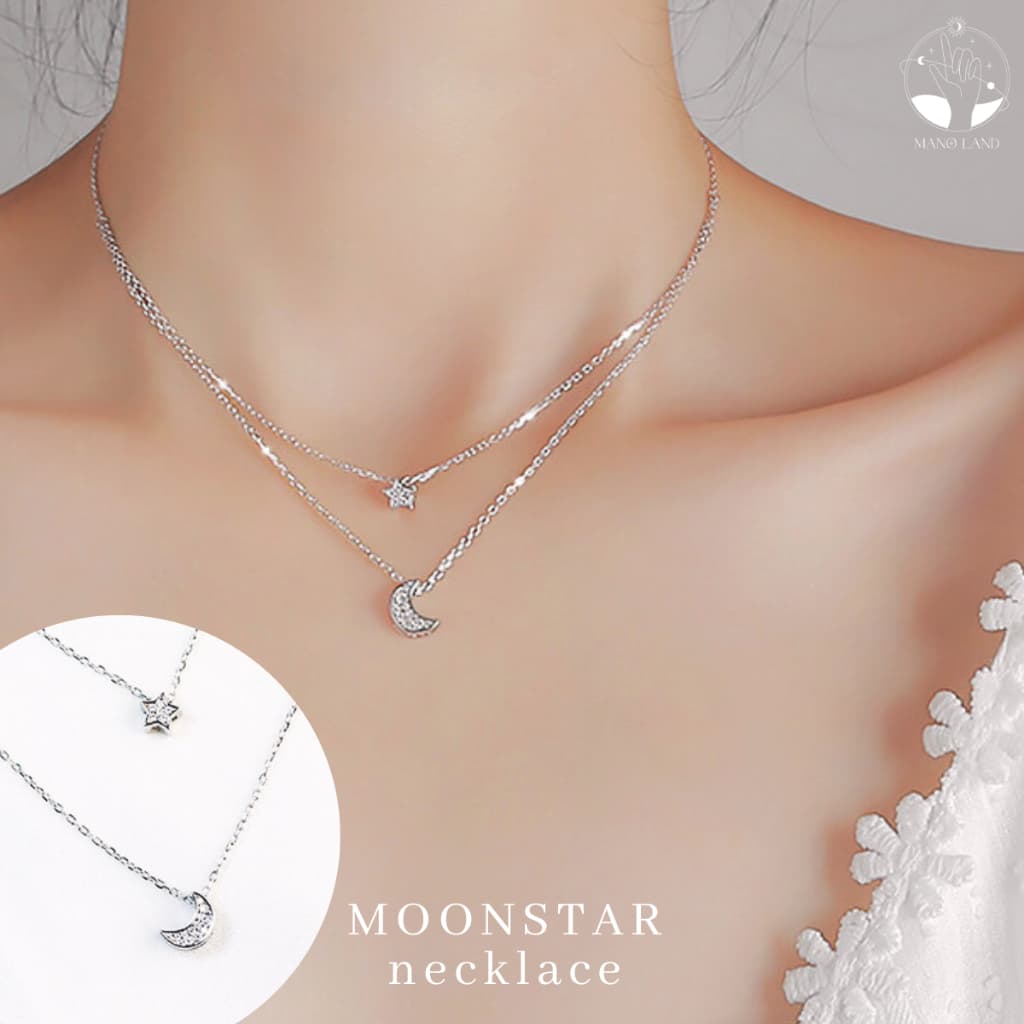 MNLMOONSTAR สร้อยคอสองชั้นห้อย จี้ดาวกับพระจันทร์ ไม่ลอกดำ ไม่แพ้ เครื่องประดับแฟชั่น ผู้หญิง เงินแท้ ของขวัญ มินิมอล รูปที่ 1