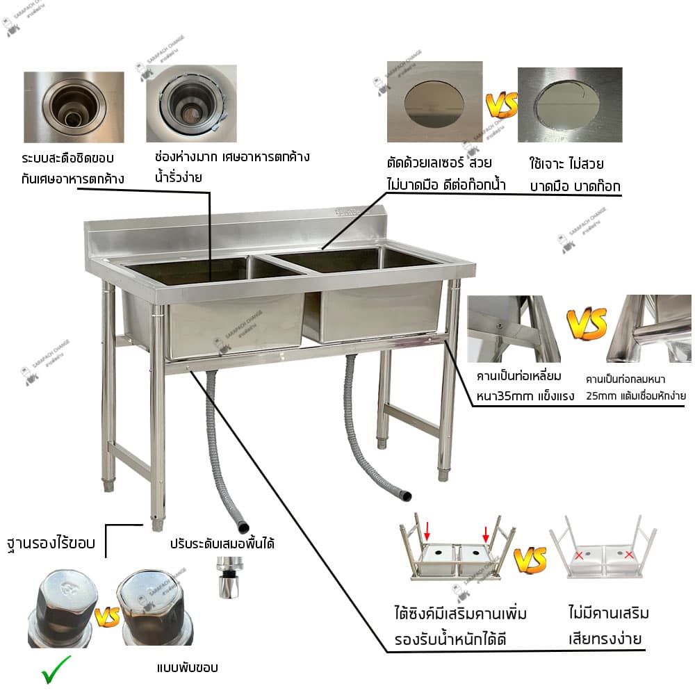 อ่างล้างจาน 2 หลุม 120x60x80 เกรด304 หลุมลึก30ซม ซิงค์ 2 หลุม Double Bowl Sink SK120-60-ST237S รูปที่ 8