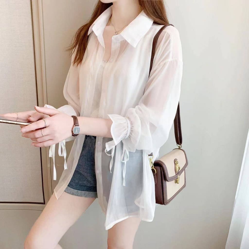 MKLเสื้อเชิ๊ตแขนยาว ผ้าชีฟอง แบบบาง ทรงหลวม แขนเสื้อผูกเชือก แฟชั่นสำหรับผู้หญิง #7763 รูปที่ 5