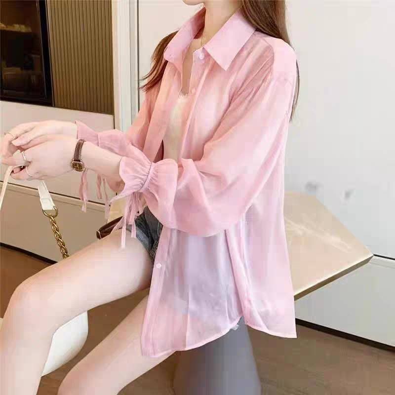 MKLเสื้อเชิ๊ตแขนยาว ผ้าชีฟอง แบบบาง ทรงหลวม แขนเสื้อผูกเชือก แฟชั่นสำหรับผู้หญิง #7763 รูปที่ 7