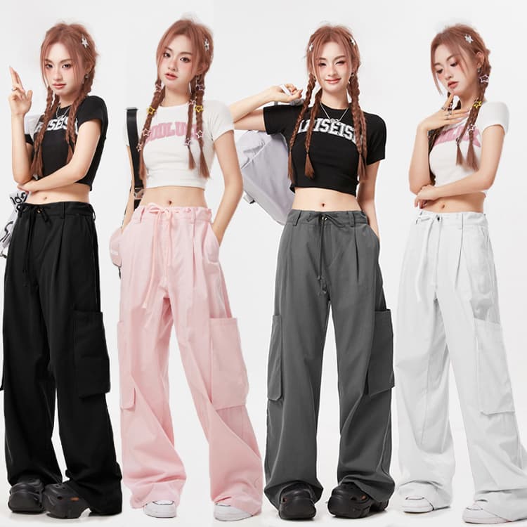 4สี กางเกงคาร์โก้ผู้หญิง กางเกงเอวสูง ขากว้าง เรียบๆท​รงเกร๋ #Y2K1 รูปที่ 1