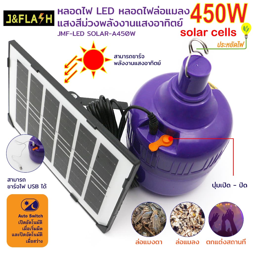 JMF หลอดไฟล่อแมลงโซล่าเซลล์ หลอดไฟBACLIGHT 450W กันน้ำ ใช้งานได้ทั้งคืน รูปที่ 3
