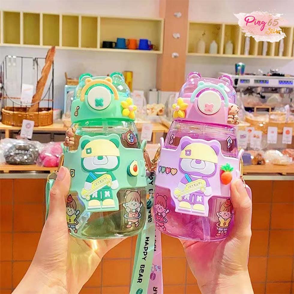 กระบอกน้ำ กระติกน้ำเด็กลายน่ารัก ขนาด 600ml พร้อมฝาครอบกันรั่วมีสายคล้อง น้ำหนักเบาและพกพาสะดวก รูปที่ 3